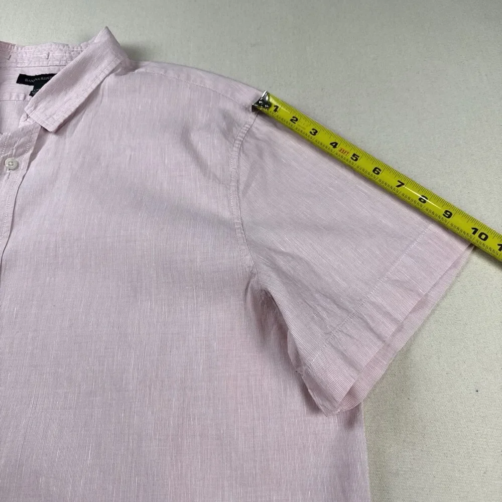 Banana Republic Men XXL Pink Striped Cotton Linen Short Sleeve Button Down Shirt